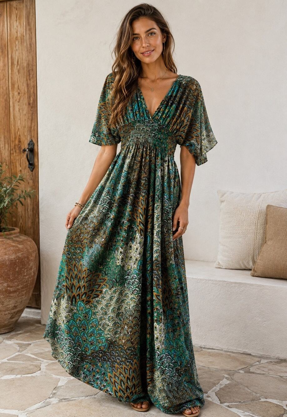 5th & Love Teal Green Peacock Long Maxi Dress Medium Resort Flowy